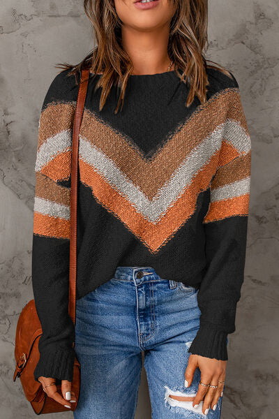 Contrast Round Neck Dropped Shoulder Sweater - TRENDMELO