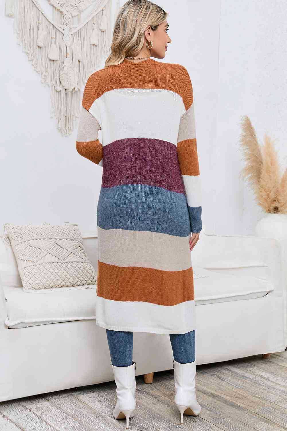 Long Color Block Open Front Pocketed Cardigan - TRENDMELO