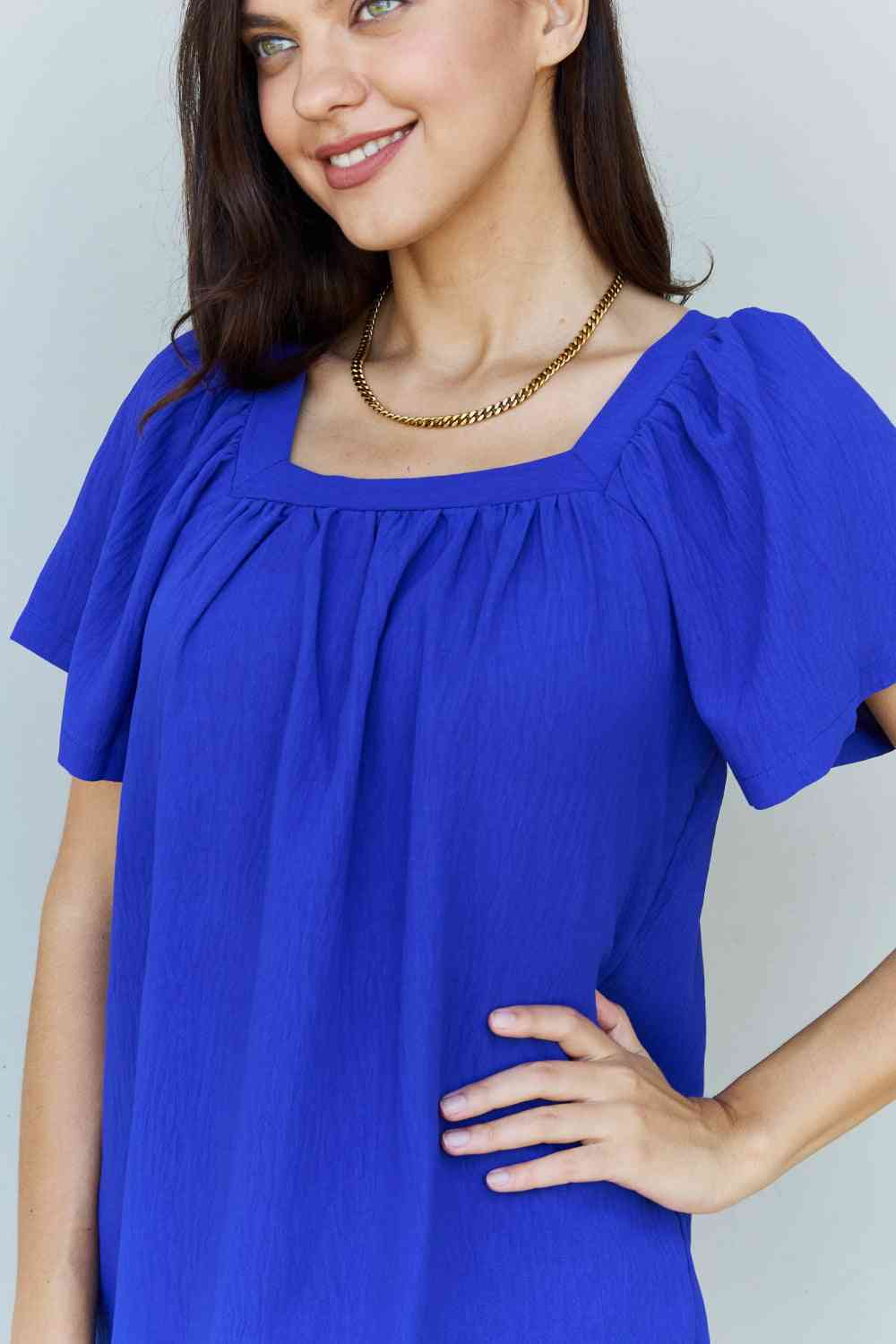 Ninexis Keep Me Close Square Neck Short Sleeve Blouse in Royal - TRENDMELO