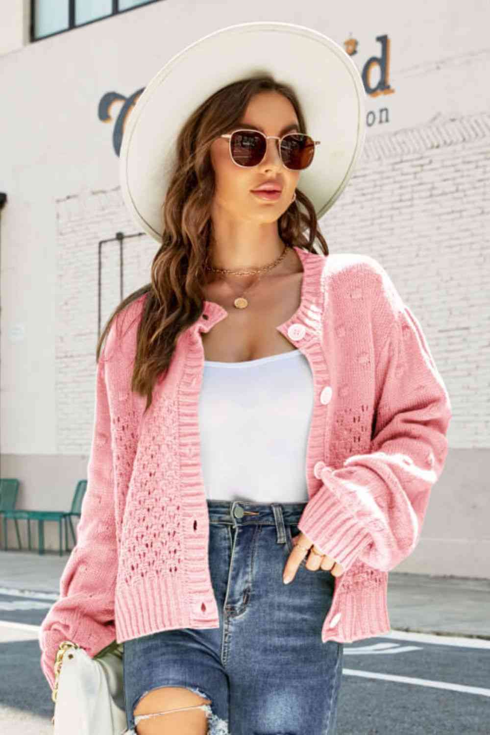 Woven Right Openwork Pompom Puff Sleeve Cardigan - TRENDMELO