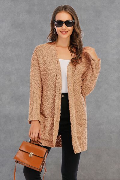 Pocketed Open Front Long Sleeve Cardigan - TRENDMELO