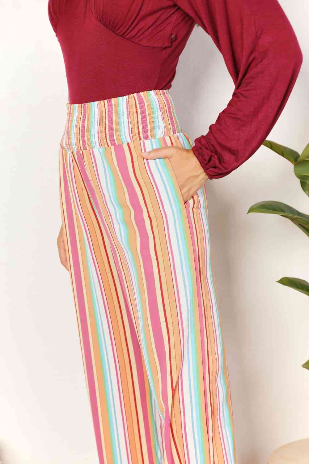 Double Take Striped Smocked Waist Pants with Pockets - TRENDMELO