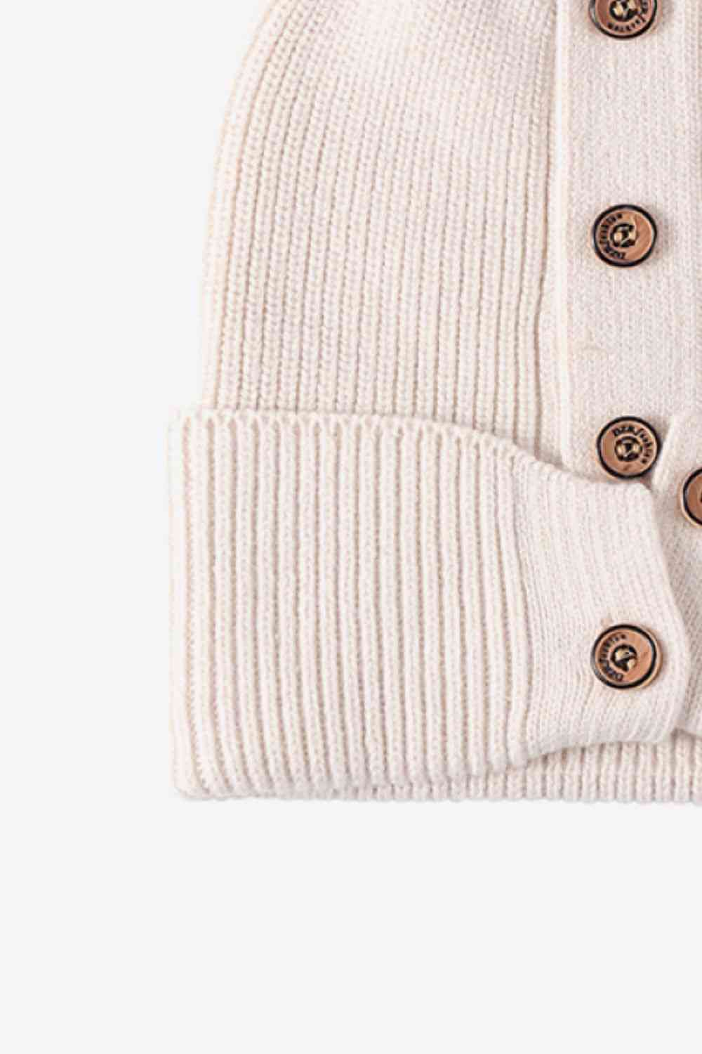 Button Detail Rib-Knit Cuff Beanie - TRENDMELO