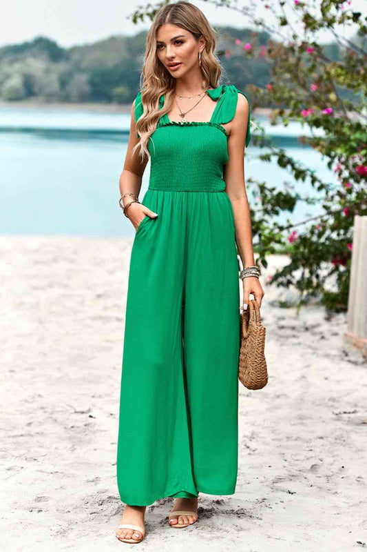 Frill Trim Tie Shoulder Wide Leg Jumpsuit with Pockets - TRENDMELO