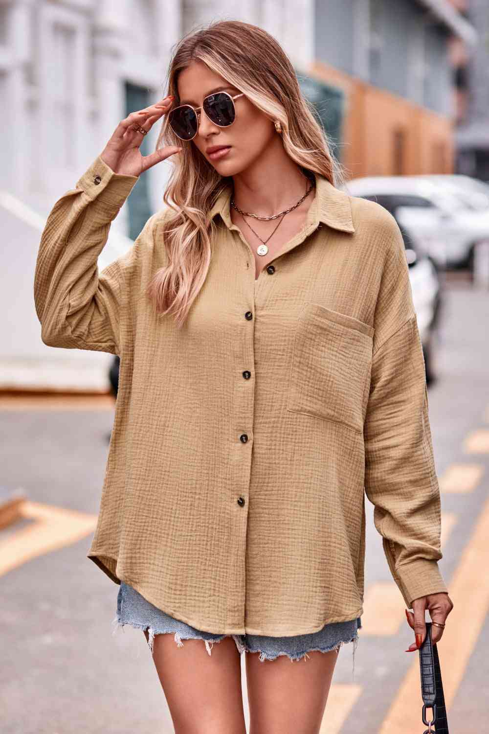 Textured Dropped Shoulder Longline Shirt - TRENDMELO