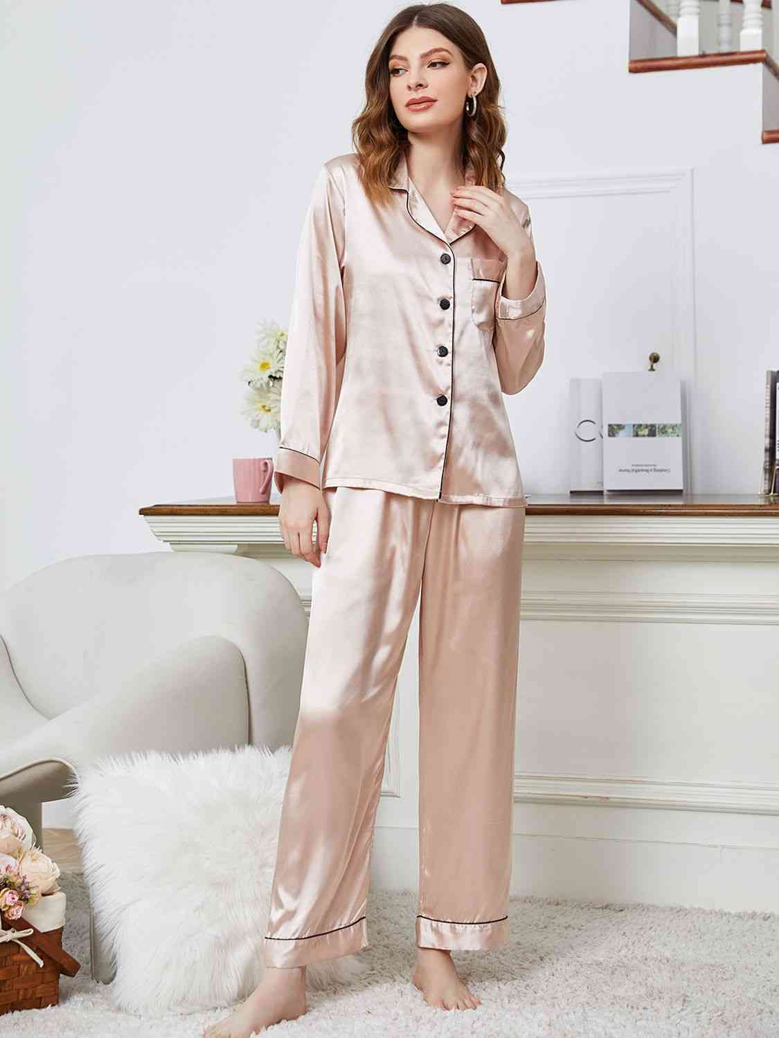 Lapel Collar Long Sleeve Top and Pants Pajama Set - TRENDMELO