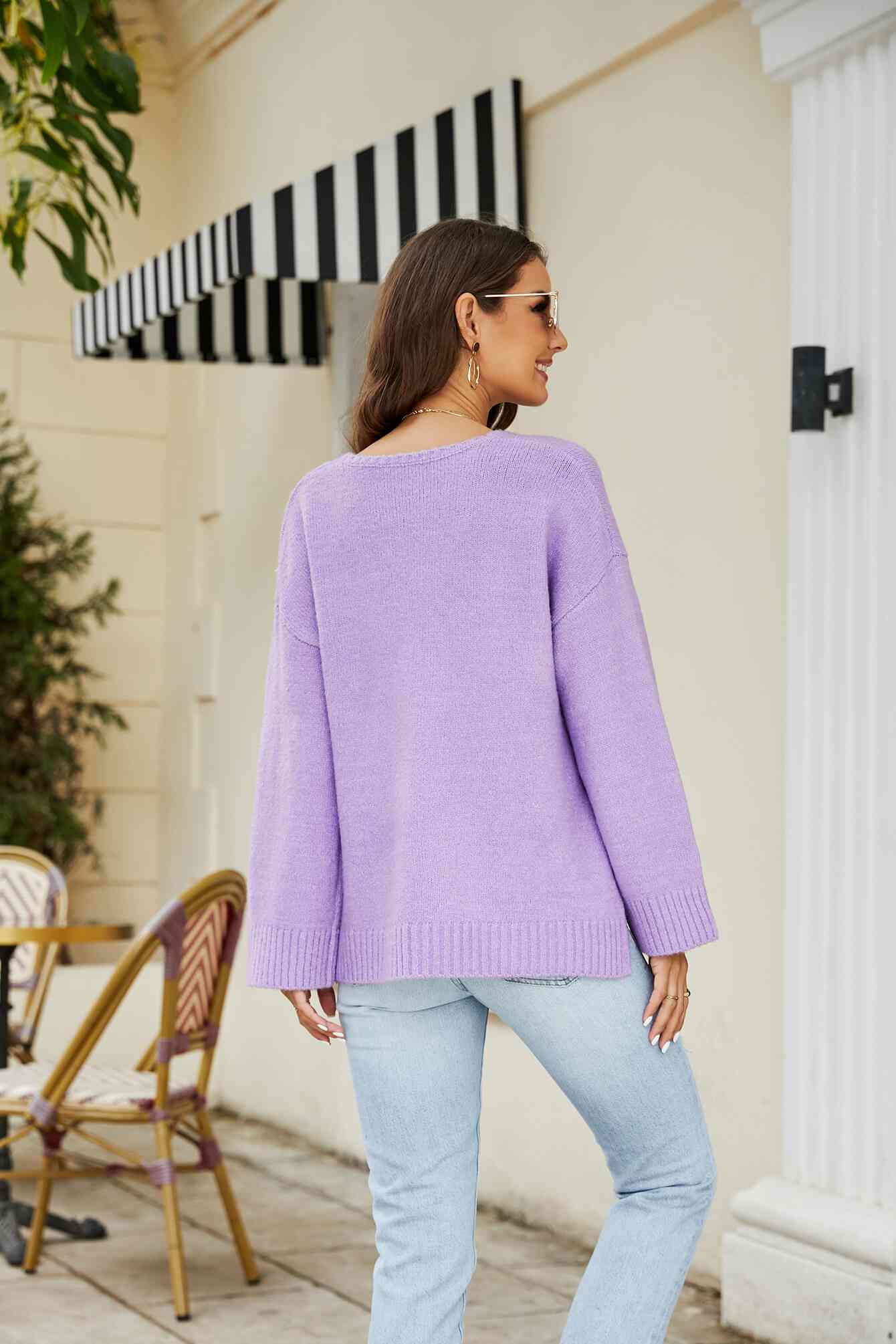 Drop Shoulder V-Neck Knit Pullover - TRENDMELO