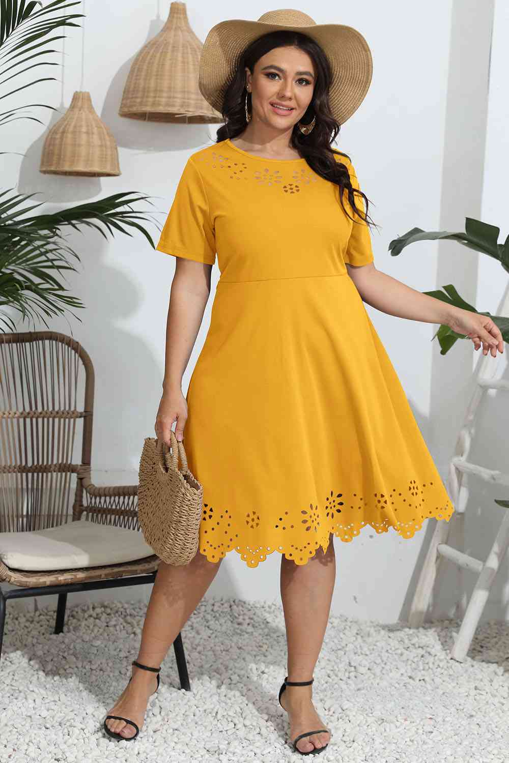 Plus Size Round Neck Openwork Dress - TRENDMELO