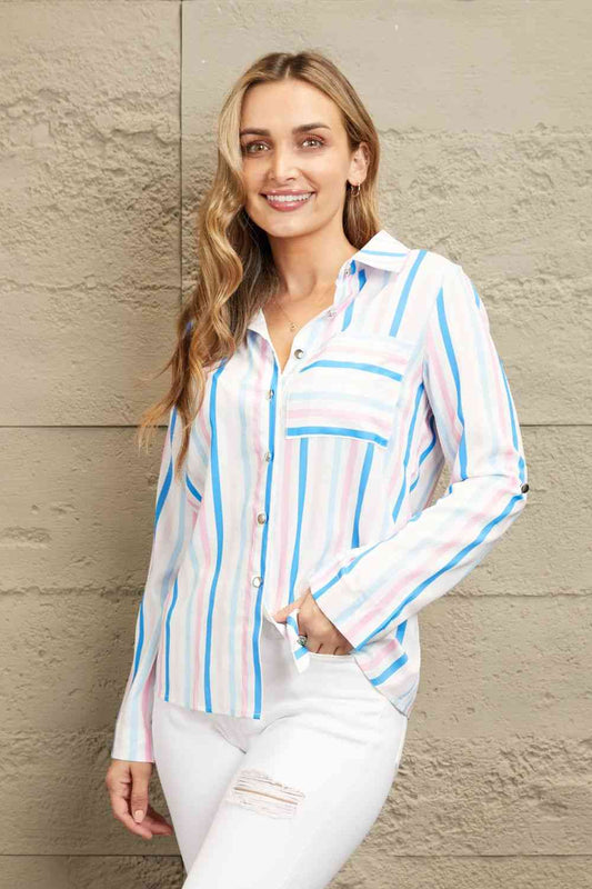 Double Take Striped Long Sleeve Collared Shirt - TRENDMELO