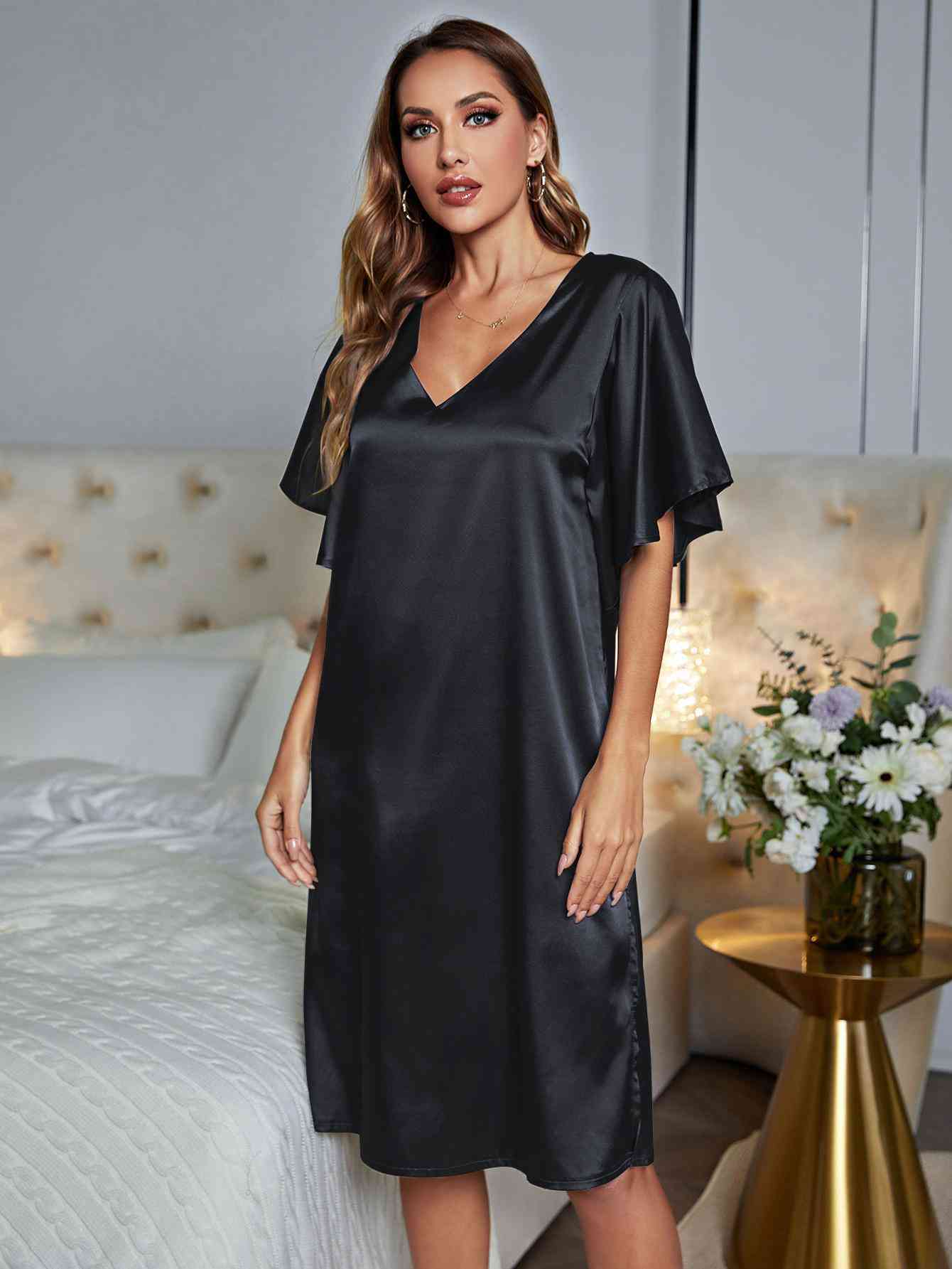 V-Neck Flutter Sleeve Night Dress - TRENDMELO