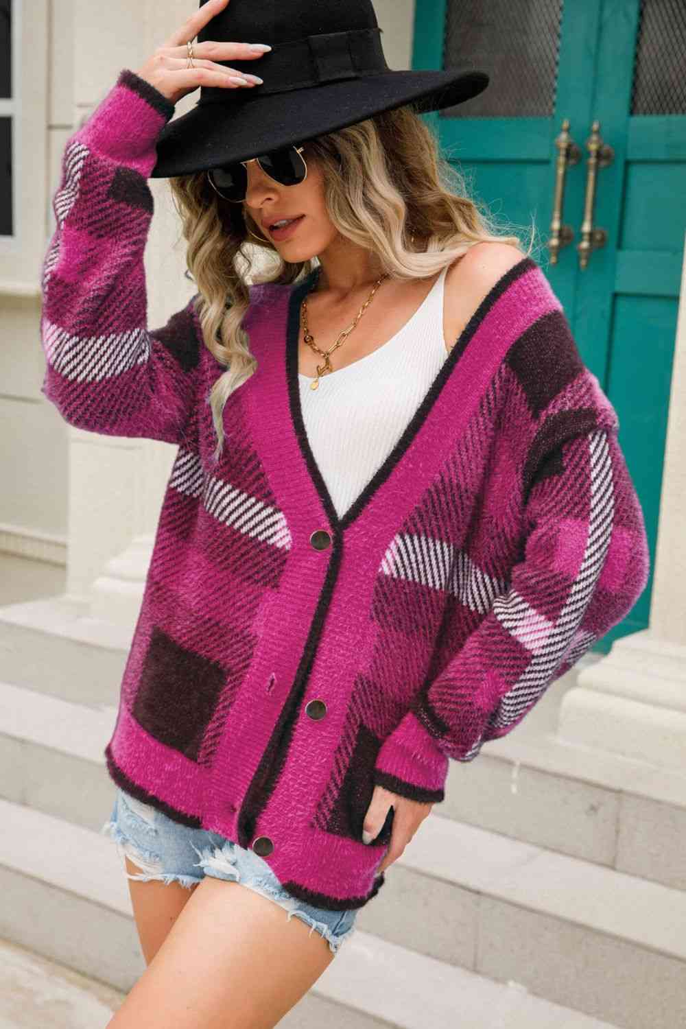 Striped Button-Front Fuzzy Cardigan - TRENDMELO