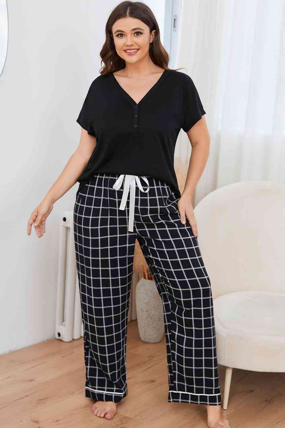 Plus Size V-Neck Top and Plaid Pants Lounge Set - TRENDMELO