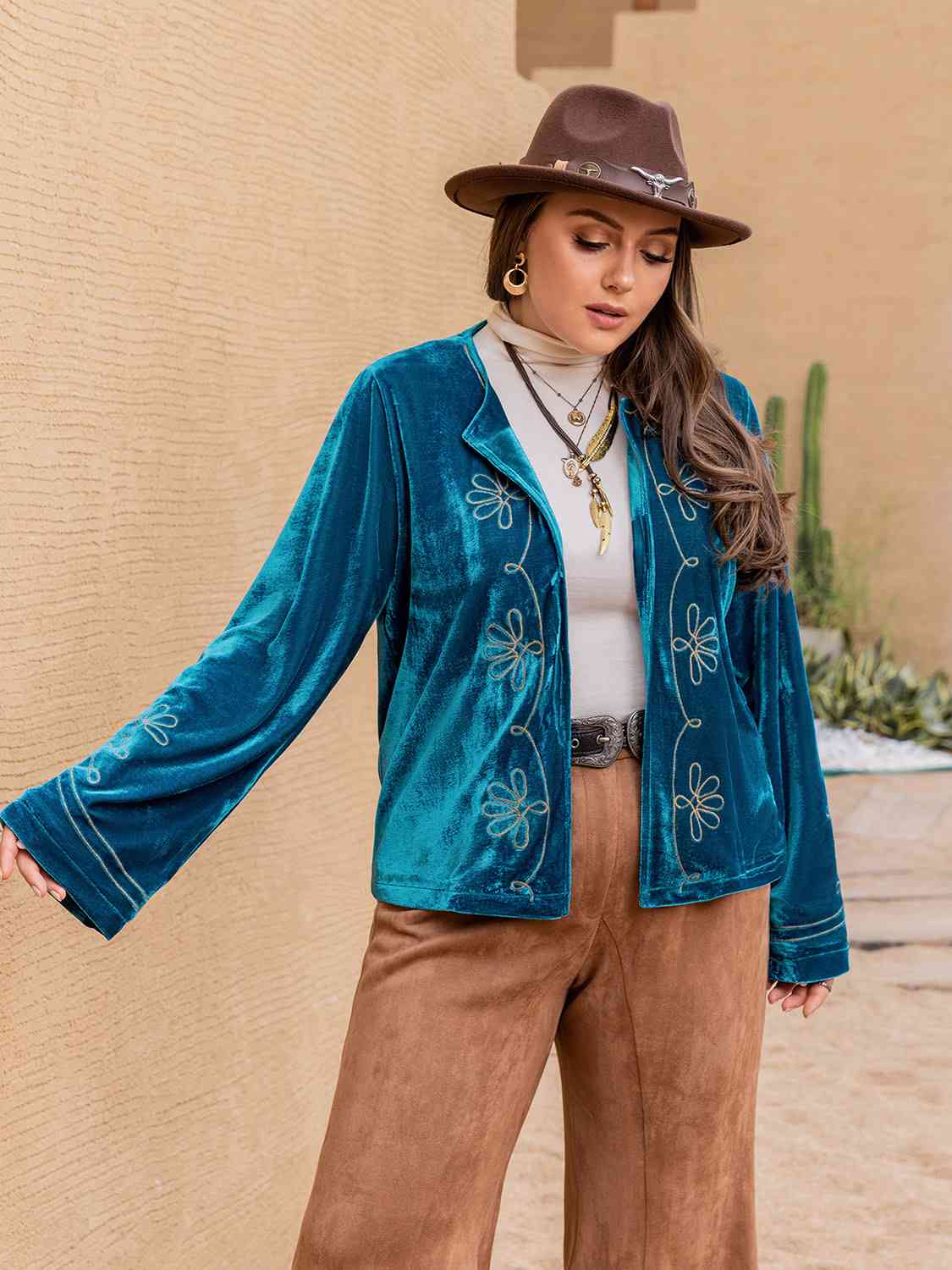 Plus Size Open Front Long Sleeve Jacket - TRENDMELO