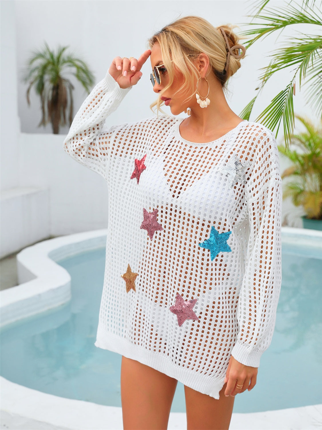 Sequin Star Round Neck Long Sleeve Cover Up - TRENDMELO