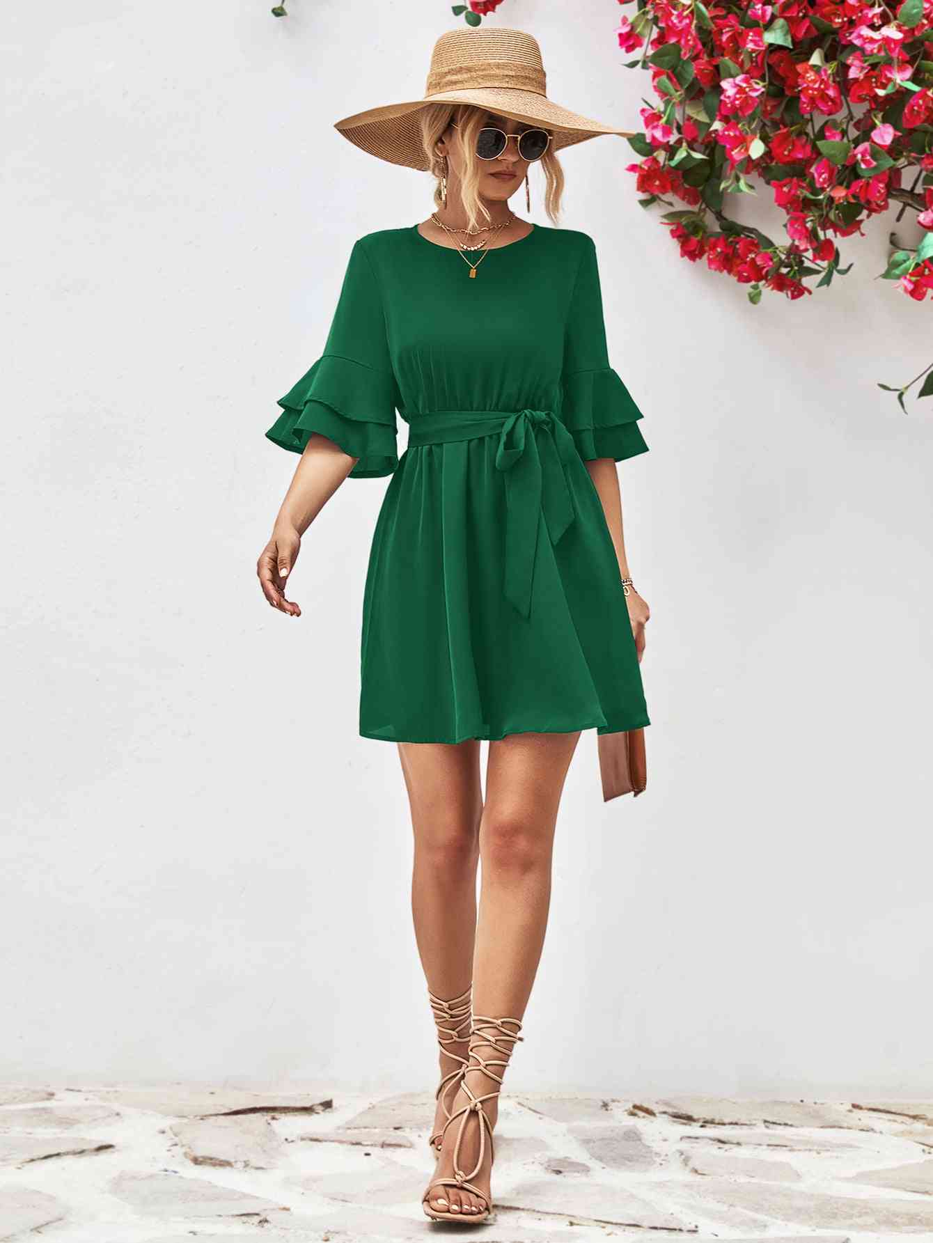 Round Neck Tie Belt Flounce Sleeve Dress - TRENDMELO