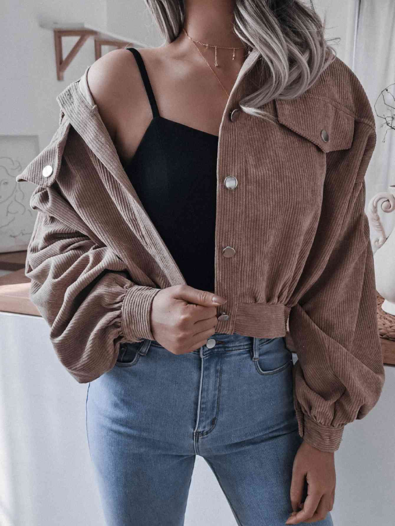 Lantern Sleeve Cropped Corduroy Jacket - TRENDMELO