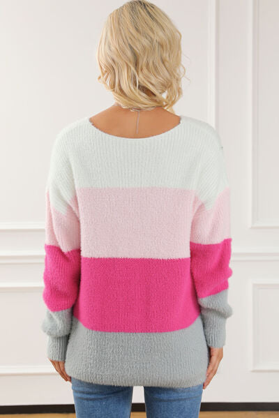 Color Block V-Neck Dropped Shoulder Sweater - TRENDMELO