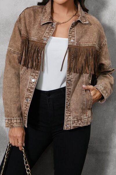 Fringe Trim Snap Down Denim Jacket - TRENDMELO