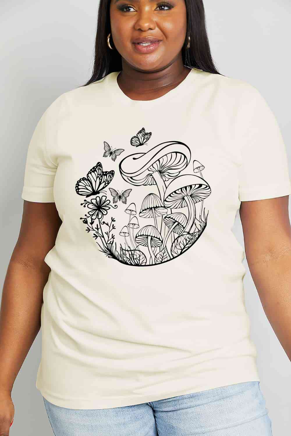 Simply Love Full Size Butterfly & Mushroom Graphic Cotton Tee - TRENDMELO