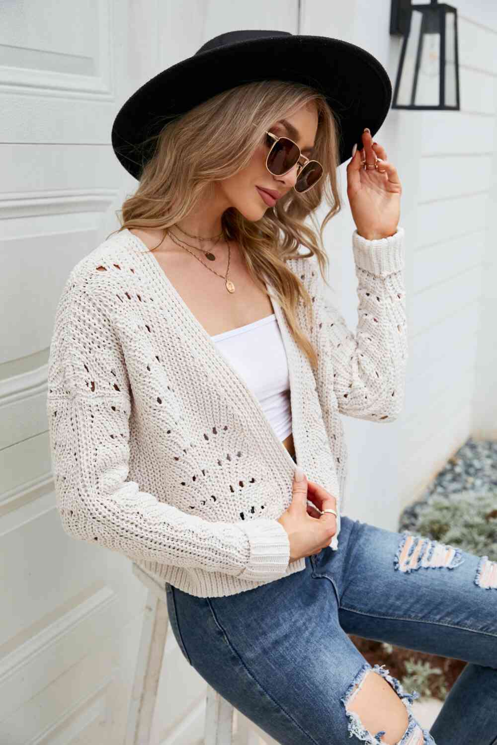 Open Front Cuffed Cropped Cardigan - TRENDMELO