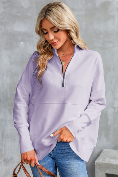 Half Zip Pocketed Dropped Shoulder Sweatshirt - TRENDMELO