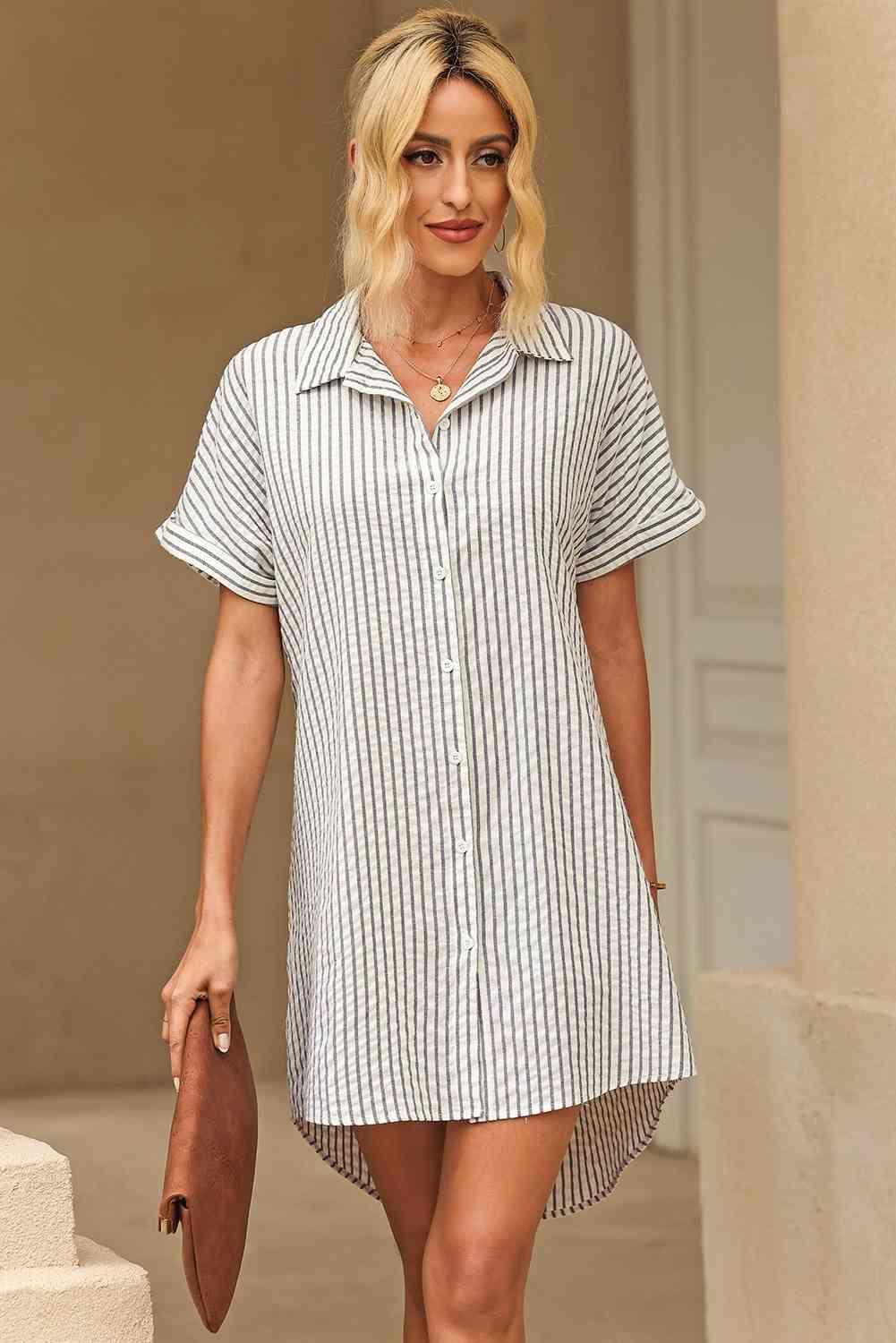 Full Size Striped Short Sleeve Shirt Dress - TRENDMELO