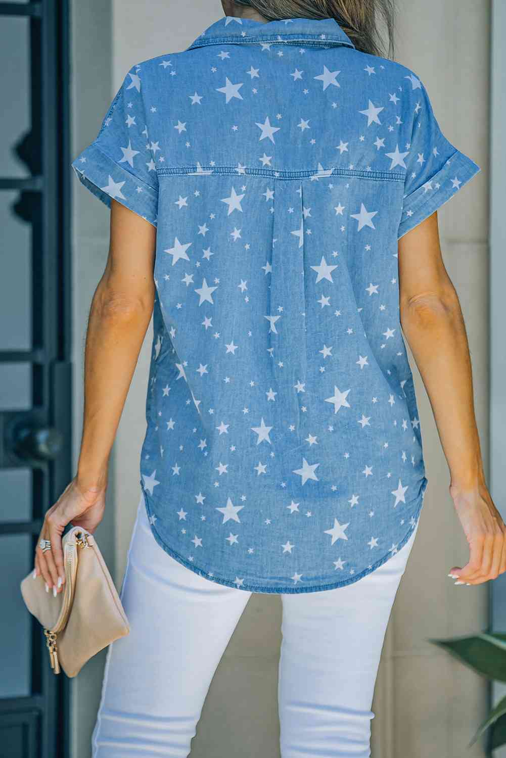 Star Print Button-Up Cuffed Short Sleeve Shirt - TRENDMELO