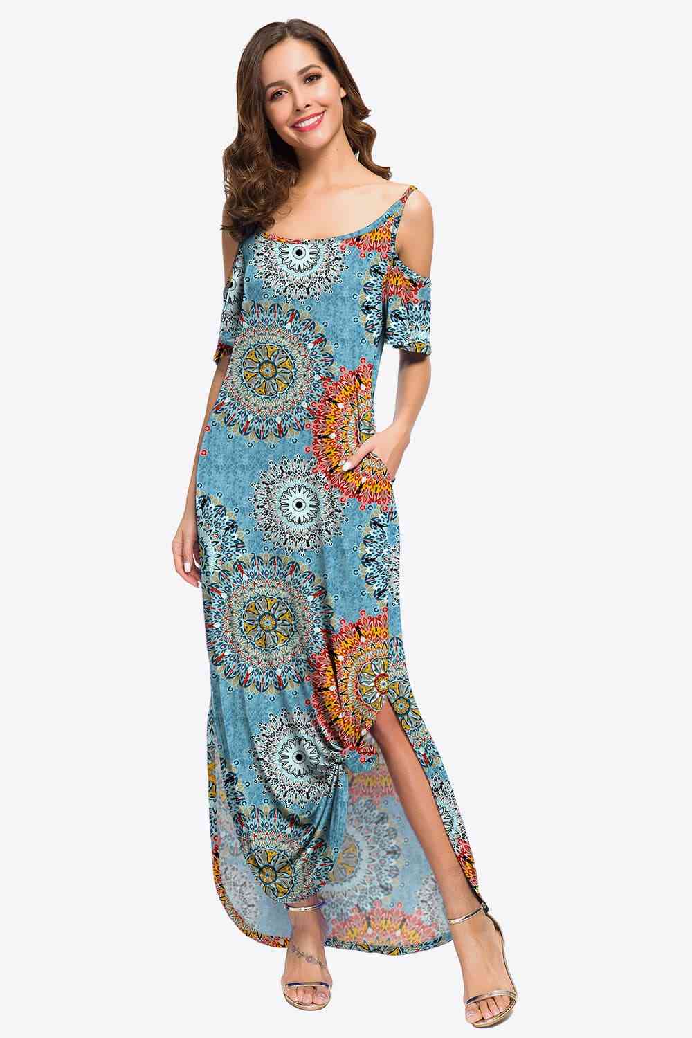 Slit Scoop Neck Cold-Shoulder Maxi Dress - TRENDMELO