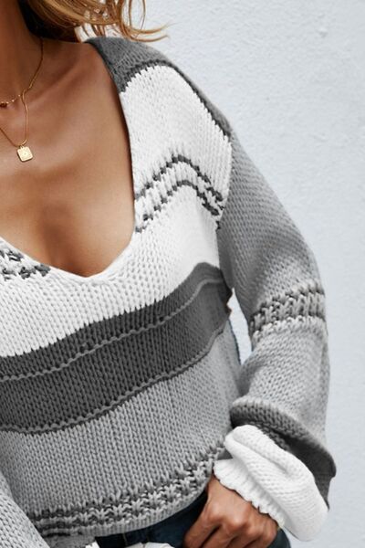 Color Block V-Neck Dropped Shoulder Sweater - TRENDMELO