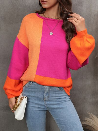 Color Block Round Neck Sweater - TRENDMELO