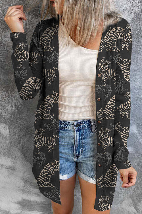 Tiger Print Button Up Long Sleeve Cardigan - TRENDMELO