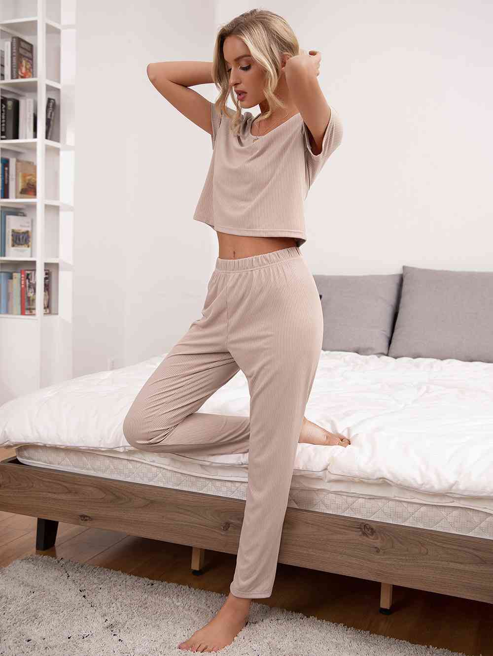 Round Neck Short Sleeve Top and Pants Lounge Set - TRENDMELO