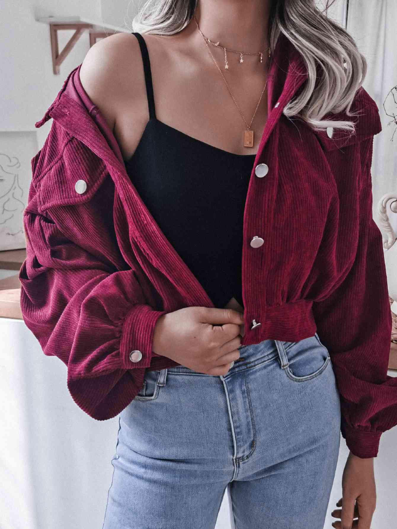 Lantern Sleeve Cropped Corduroy Jacket - TRENDMELO