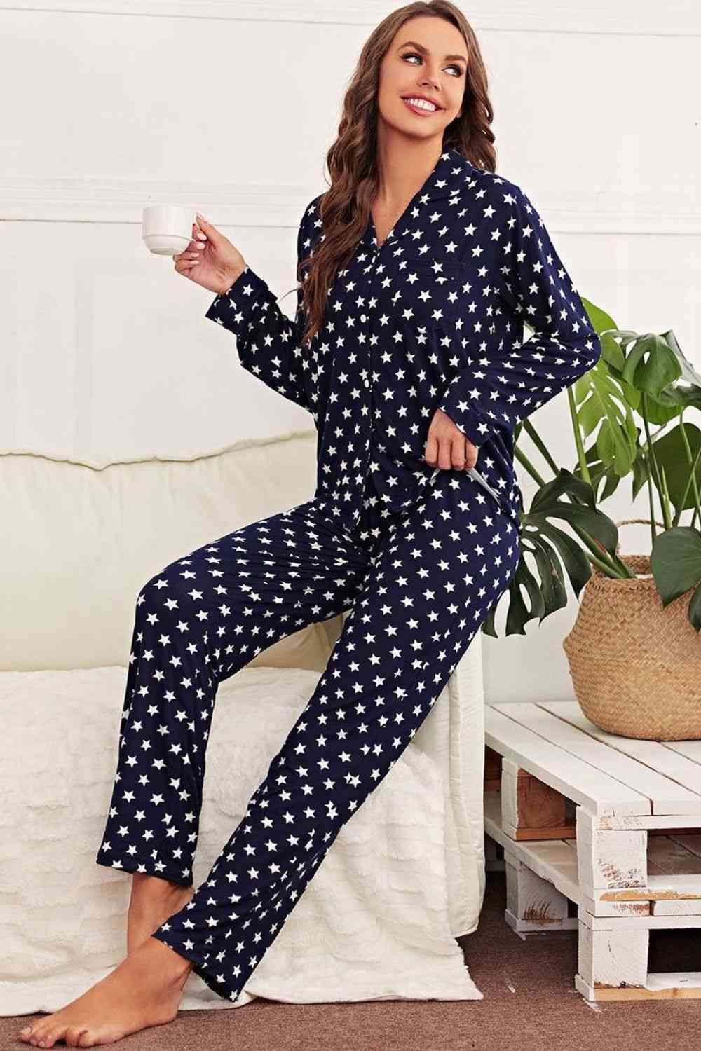 Star Print Button-Up Shirt and Pants Lounge Set - TRENDMELO