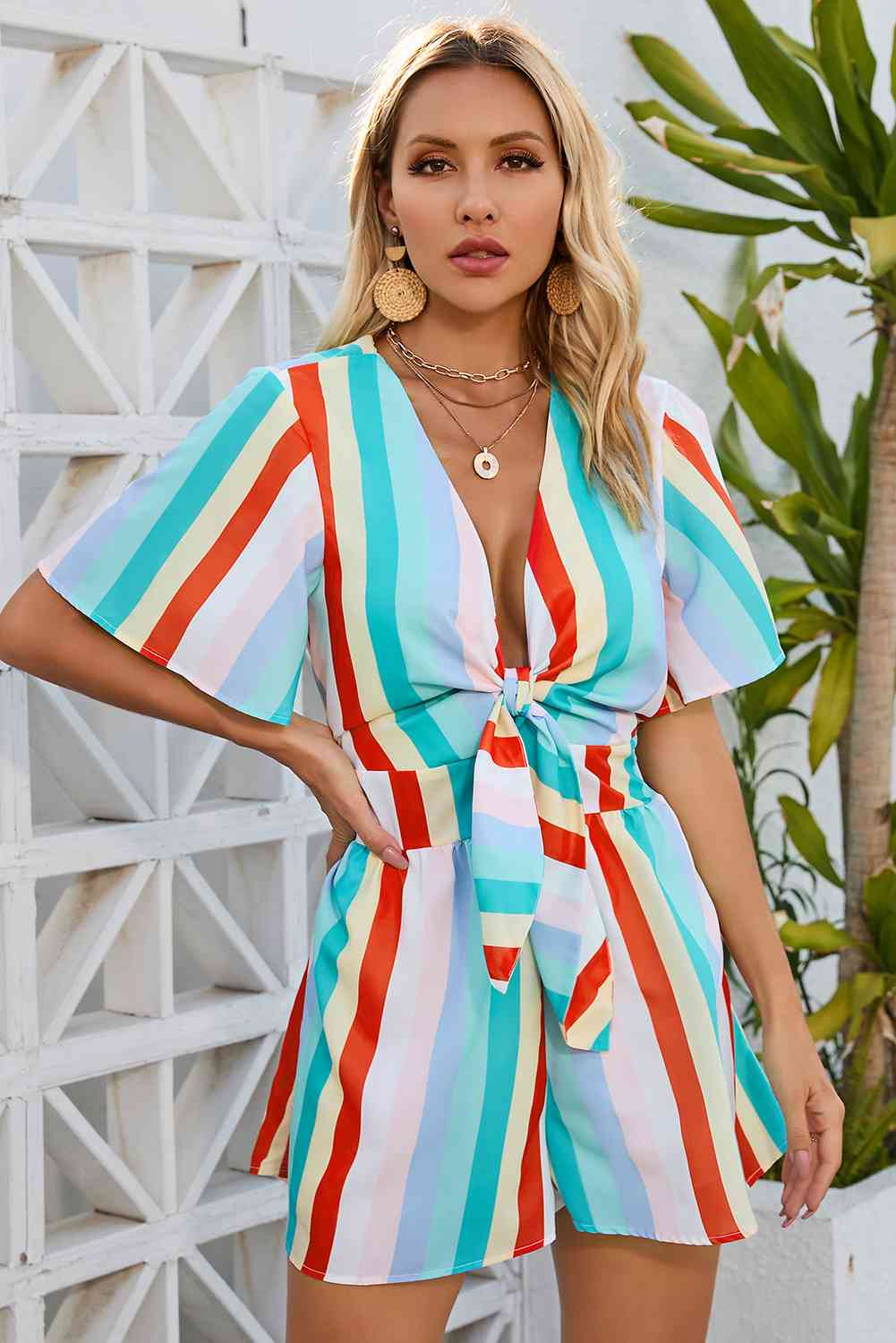 Striped Tie Front Romper - TRENDMELO