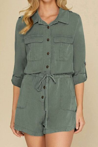 Collared Neck Drawstring Roll-Tab Sleeve Romper - TRENDMELO