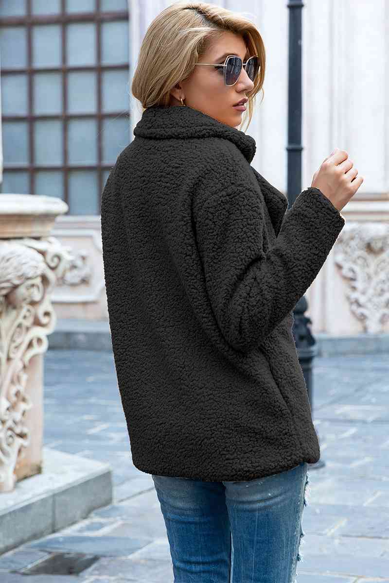 Full Size Lapel Collar Sherpa Coat - TRENDMELO