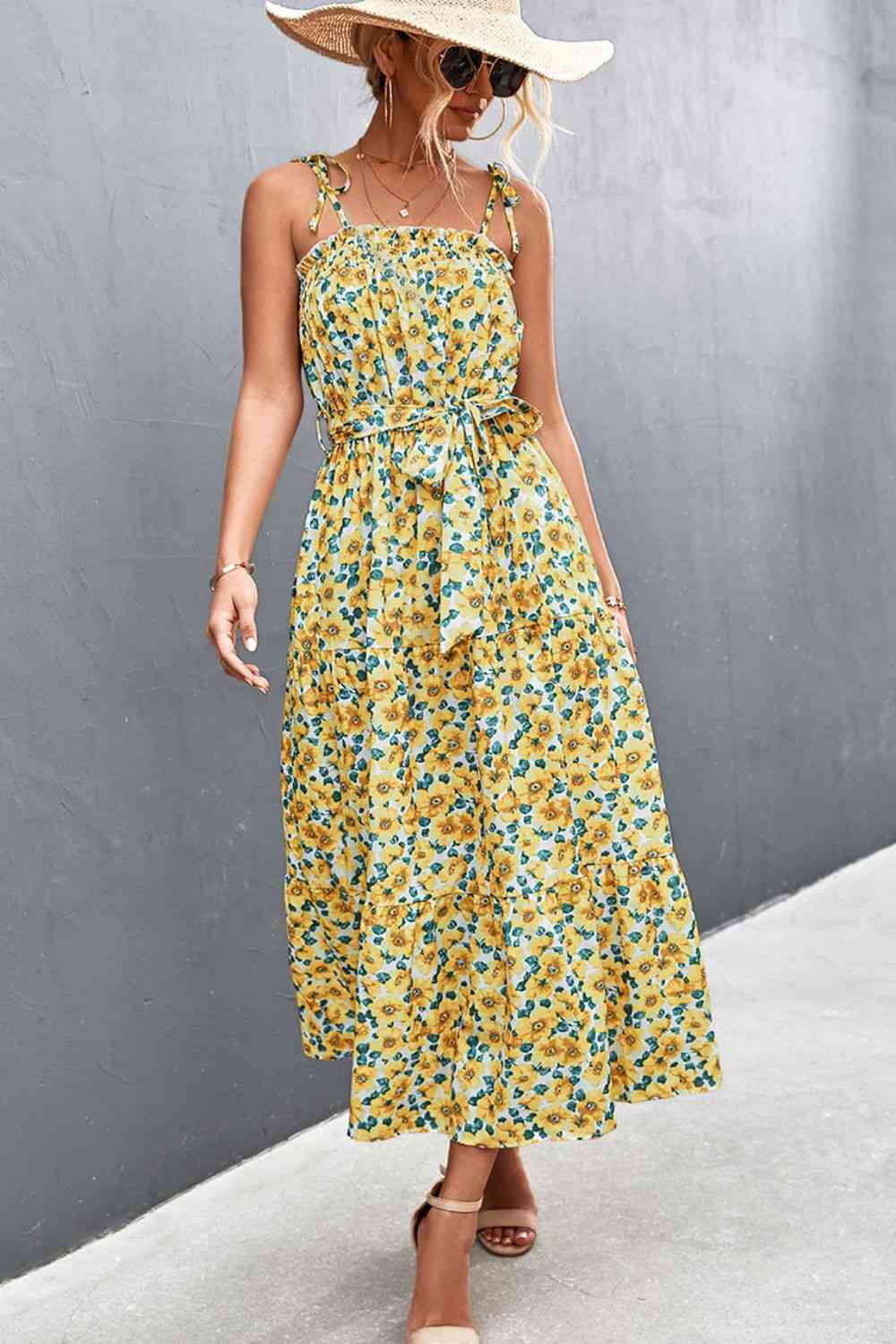 Floral Tie-Shoulder Belted Dress - TRENDMELO
