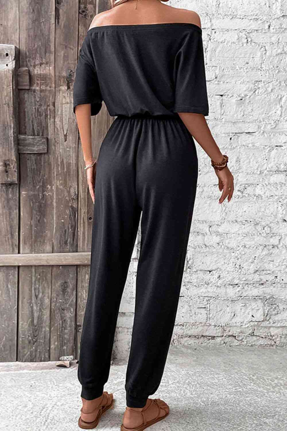 Off-Shoulder Jumpsuit with Pockets - TRENDMELO