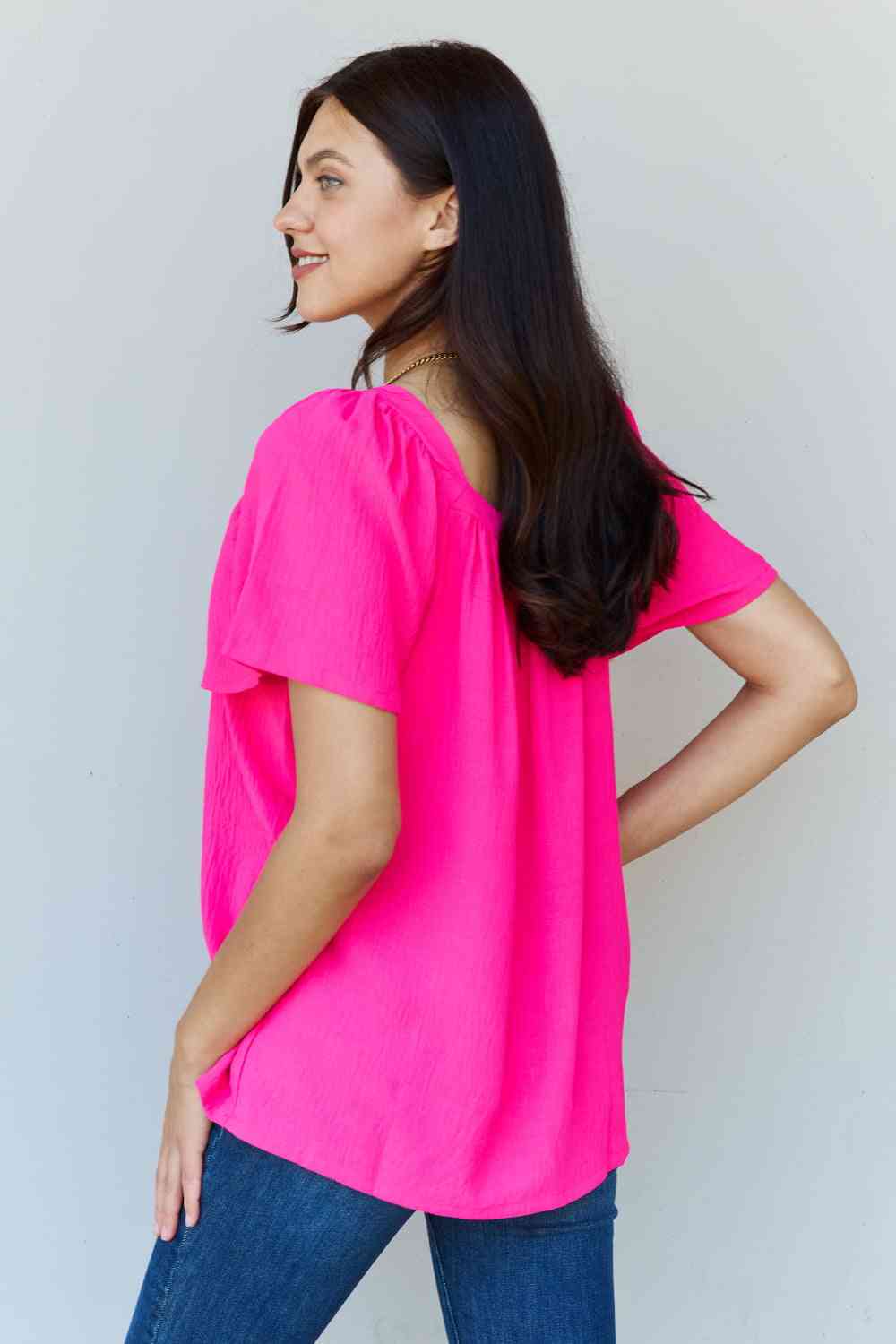 Ninexis Keep Me Close Square Neck Short Sleeve Blouse in Fuchsia - TRENDMELO