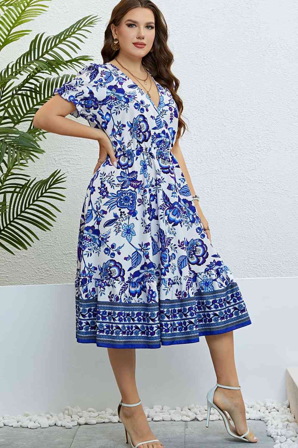 Floral Flounce Sleeve Surplice Dress - TRENDMELO