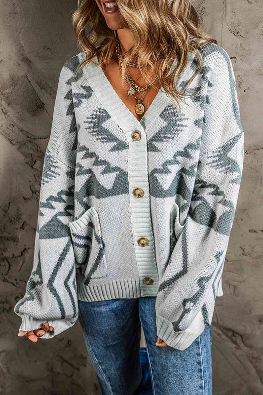 Printed Button Up V-Neck Long Sleeve Cardigan - TRENDMELO