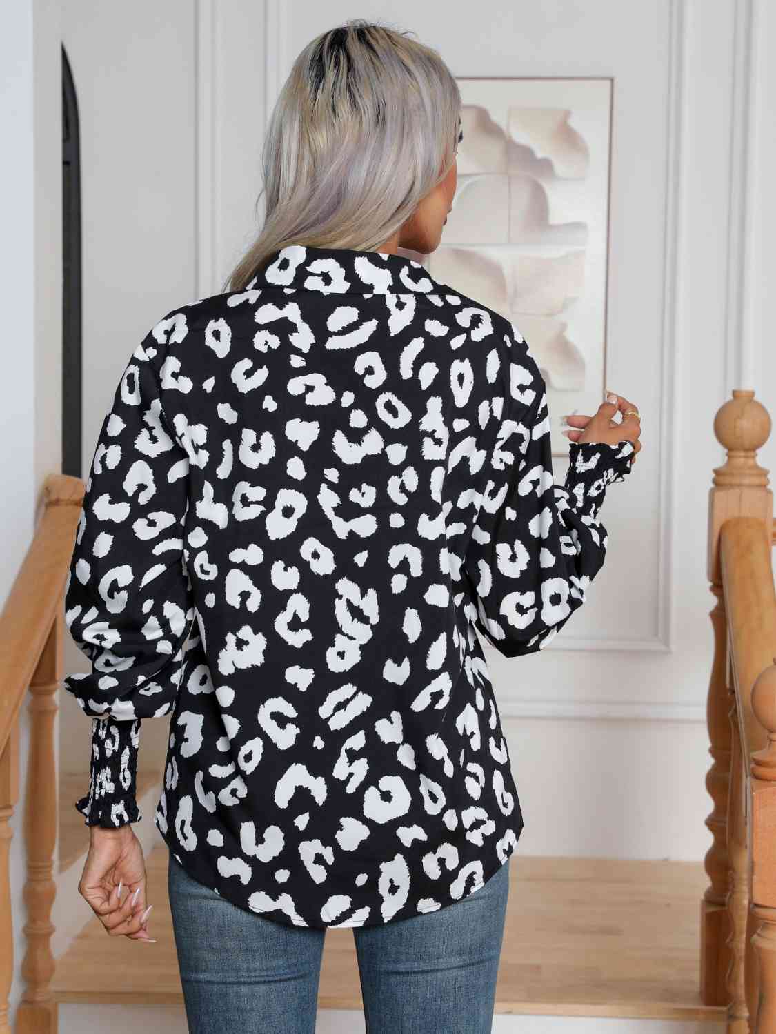 Printed Collared Neck Buttoned Lantern Sleeve Shirt - TRENDMELO