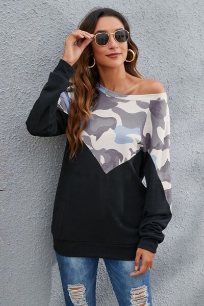 Camouflage Round Neck Long Sleeve Sweatshirt - TRENDMELO