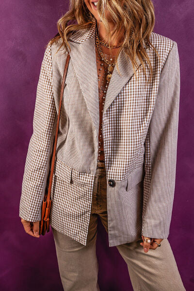 Plaid Lapel Collar Pocketed Long Sleeve Blazer - TRENDMELO