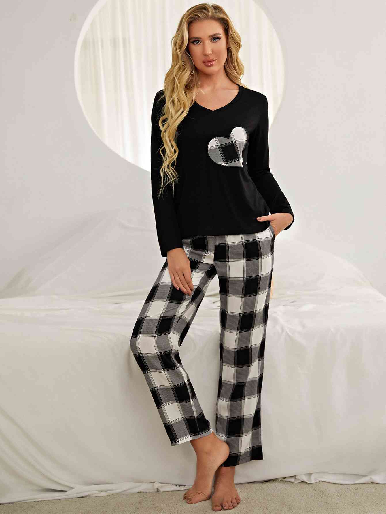 Plaid Heart Top and Pants Lounge Set - TRENDMELO