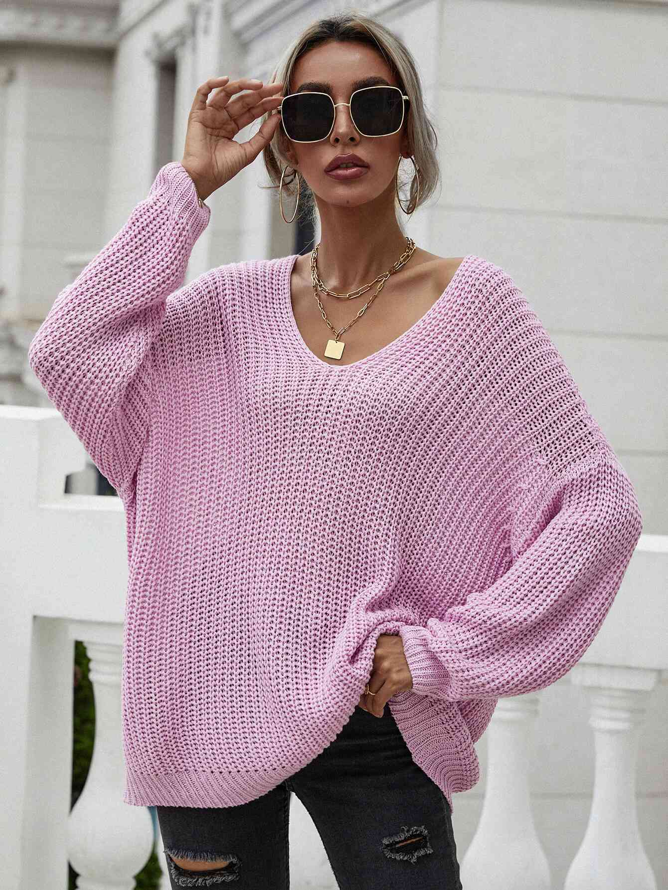 Rib-Knit Drop Shoulder V-Neck Pullover Sweater - TRENDMELO