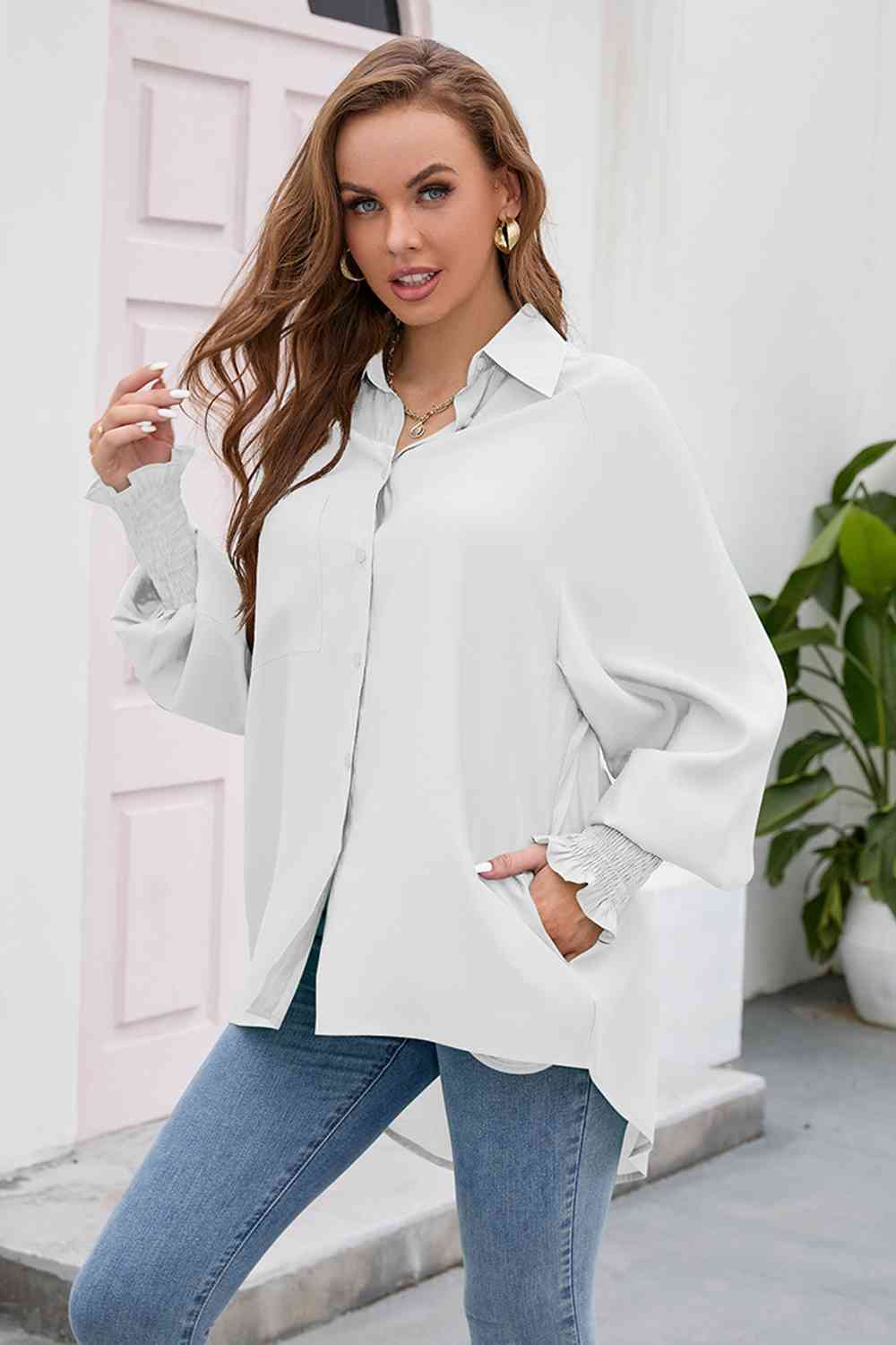 High-Low Collared Neck Lantern Sleeve Shirt - TRENDMELO