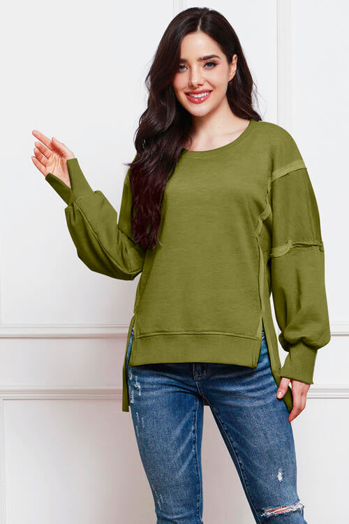 Exposed Seam High-Low Slit Sweatshirt - TRENDMELO