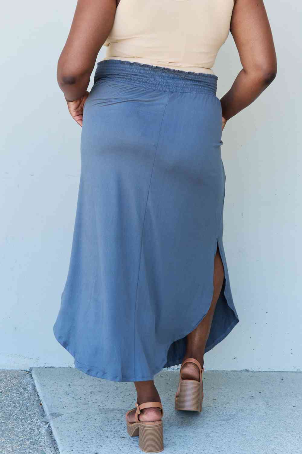 Doublju Comfort Princess Full Size High Waist Scoop Hem Maxi Skirt in Dusty Blue - TRENDMELO